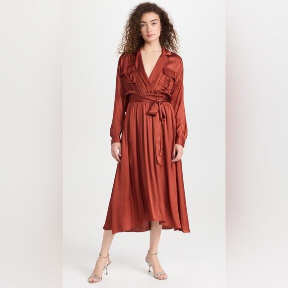 MISA Blair Dress Burnt Orange Satin Midi Long Sleeve Open Back Belted XS NWT - Picture 5 of 14